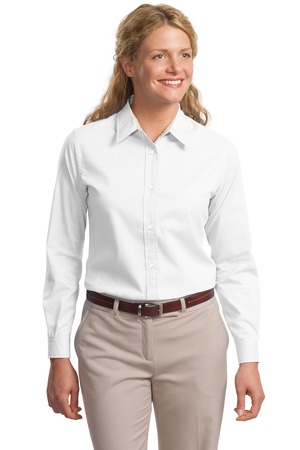 Port Authority Ladies Long Sleeve Easy Care Shirt>XS Light Stone/Classic  Navy at  Women's Clothing store: Fashion T Shirts